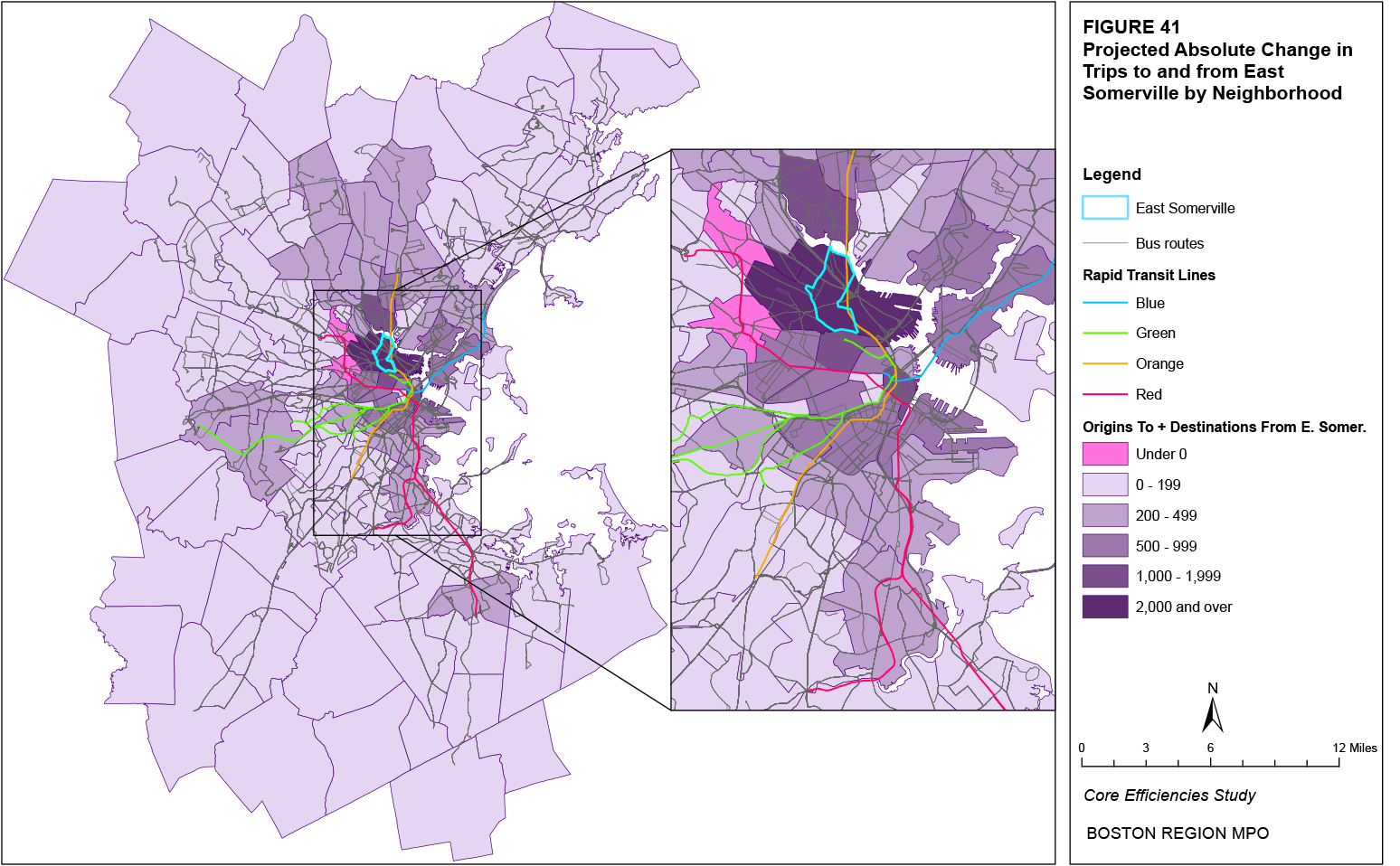 This map shows the projected absolute change in trips to and from the East Somerville neighborhood by neighborhood.